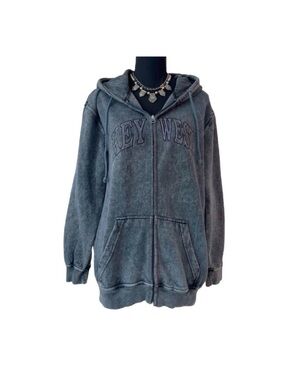 #29 OCEAN BLUE ~ Blue Gray Distressed Drawstring Hoodie Jacket w/Pockets
